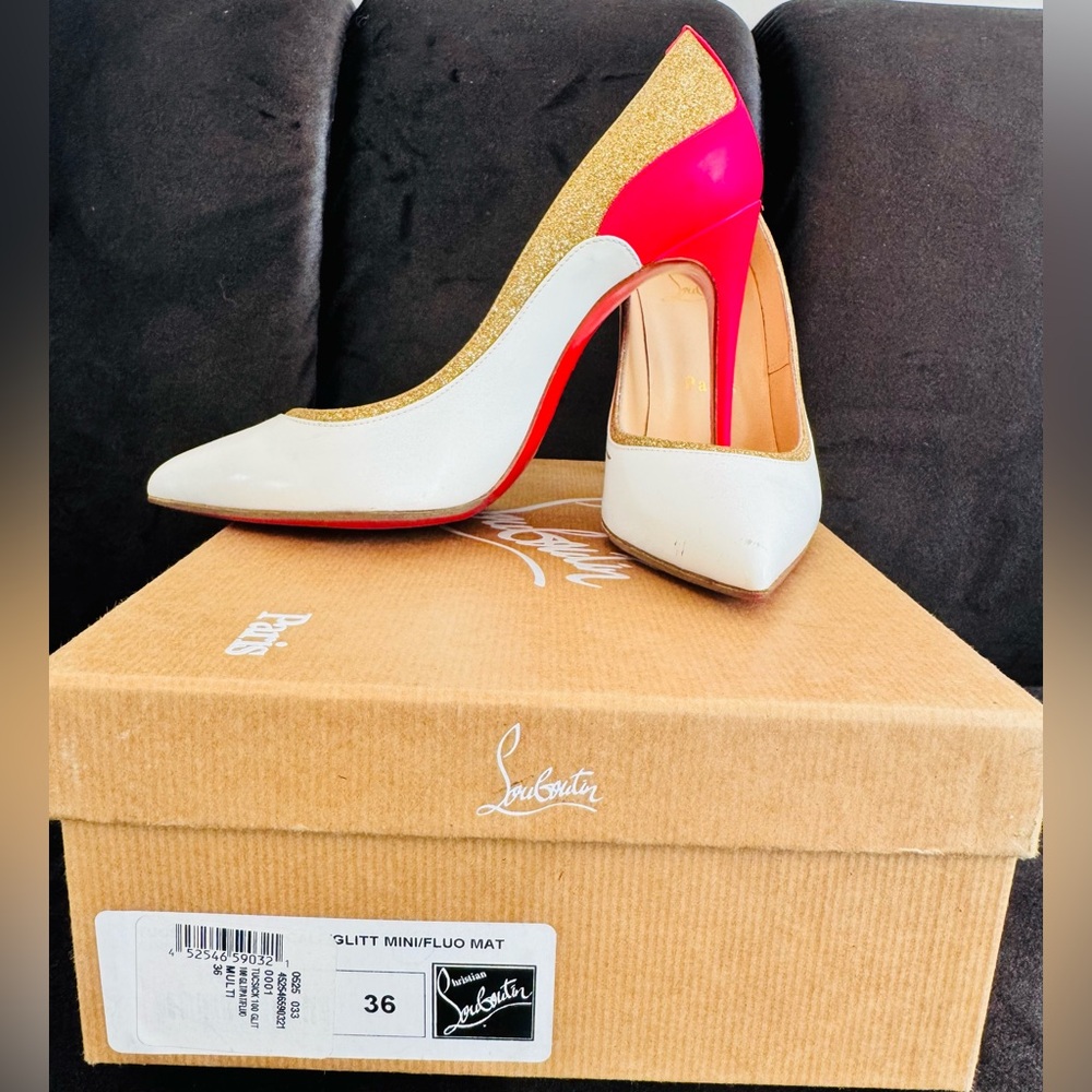 Christian Louboutin Fuchsia, White, Gold Heels